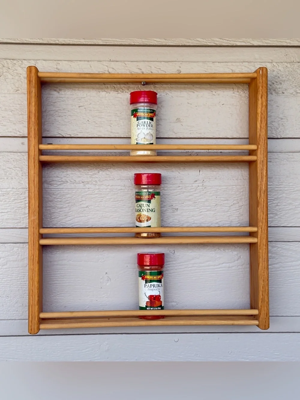 Vintage Danish Style Wall Mounted Wood Spice Rack Hand Crafted Kitchen Organizer